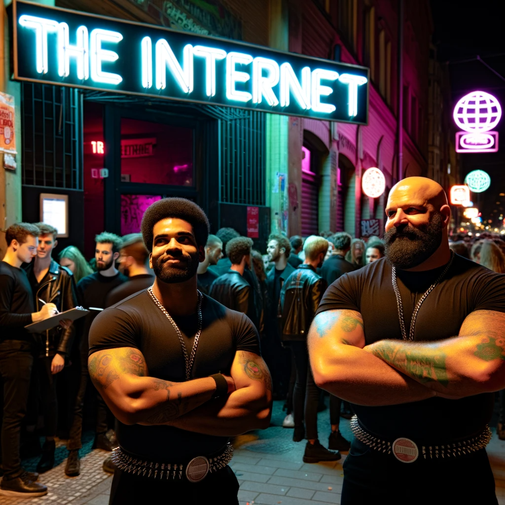 Photo of a lively nighttime street scene outside a trendy bar named 'The Internet'. Two imposing bouncers stand guard at the entrance