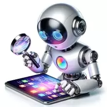 Illustration of a sleek, silver robot looking at webpages