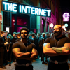 Photo of a lively nighttime street scene outside a trendy bar named 'The Internet'. Two imposing bouncers stand guard at the entrance